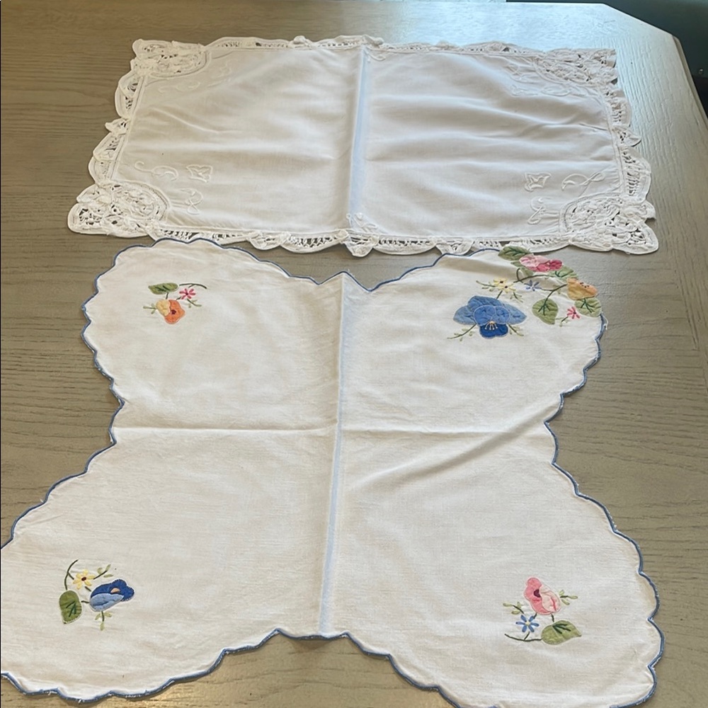 Elegant White and Blue Embroidered Table Linens